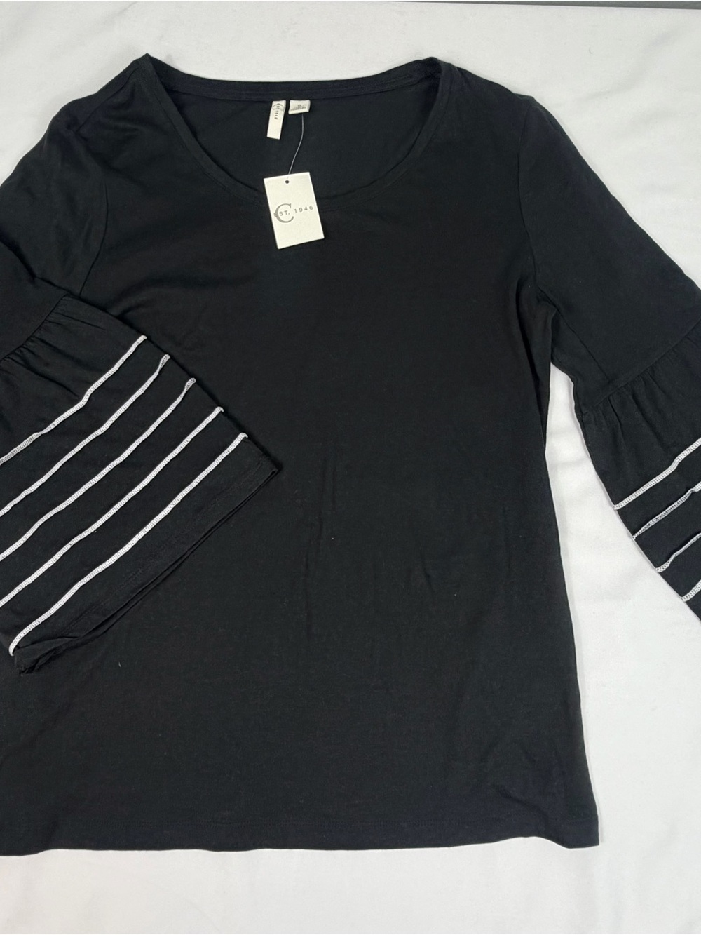 J/M Sportswear Est. 1946 Black Bell Sleeve Top White Stripe NWT Size S